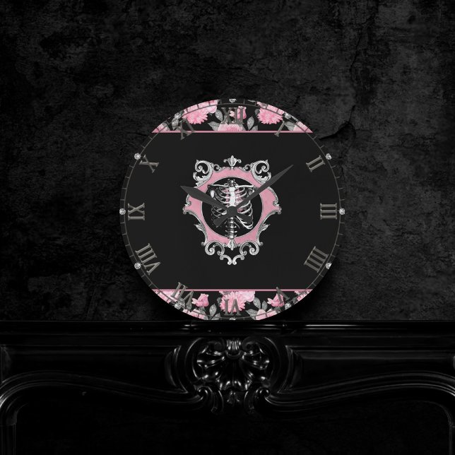 Horloge Ronde Amour gothique | Pink and Black Skeleten Heart Flo (Créateur téléchargé)