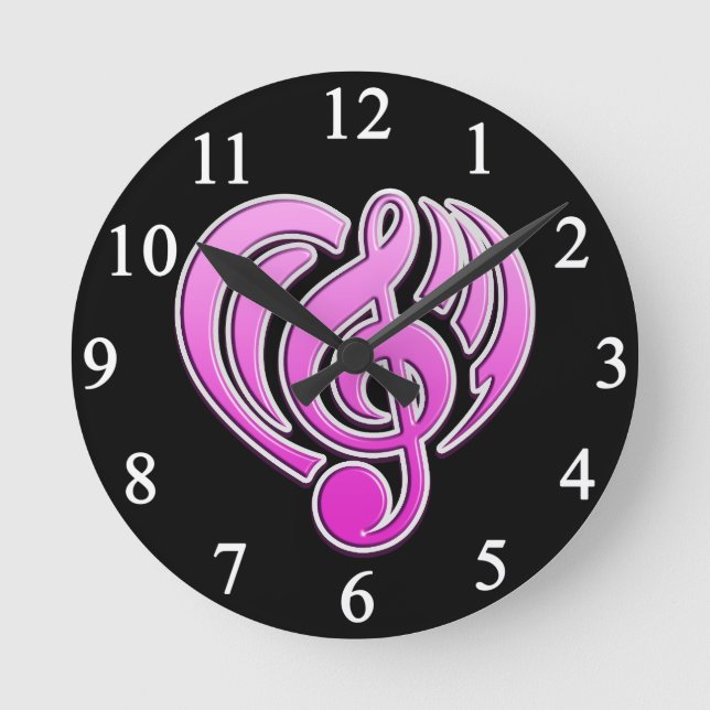 Horloge Ronde Amour Musical Vibrations Cœur Rose Note De Musique (Recto)