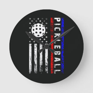 Horloge Ronde Amoureux de Pickleball Drapeau Américain 4 Juillet