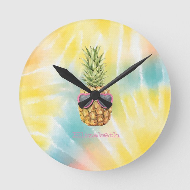 Horloge Ronde Ananas cool, aquarelle Rainbow Tie Dye (Recto)