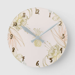 Horloge Ronde Ananas Feuille d'or tropical botanique