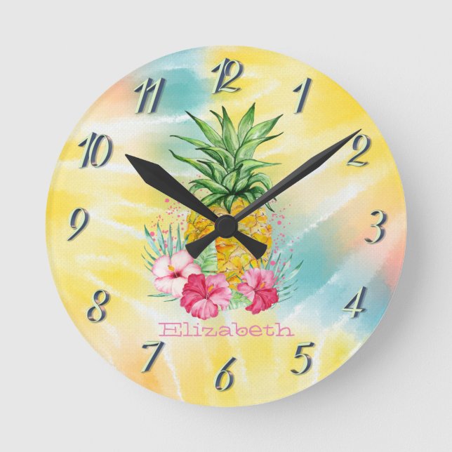 Horloge Ronde Ananas, Hibiscus aquarelle Rainbow Tie Dye (Recto)