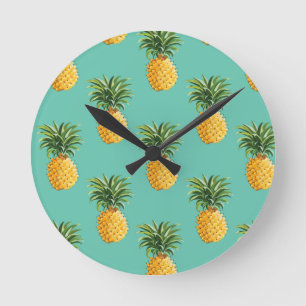 Horloge Ronde Ananas tropicaux sur Teal