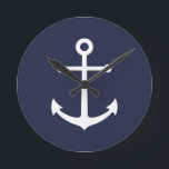 Horloge Ronde Ancre bleue marine<br><div class="desc">Le minimaliste moderne Nautical Round Wall Clock featuring white anchor on navy blue background.

Perfect as beach house decor,  Housewarming gift and more.</div>