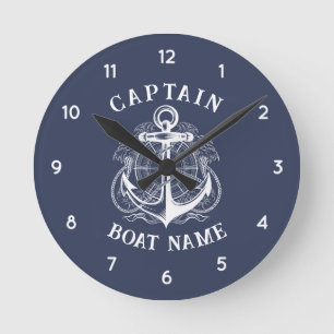 Horloge Ronde Ancre de nom de bateau de capitaine nautique perso
