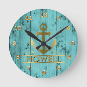 Horloge Ronde Ancre nautique de fibre de bois turquoise en bois