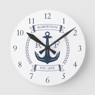 Horloge Ronde Ancre nautique Nom de famille