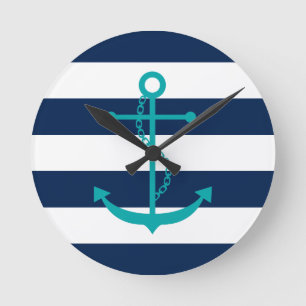 Horloge Ronde Ancre turquoise sur les rayures bleues