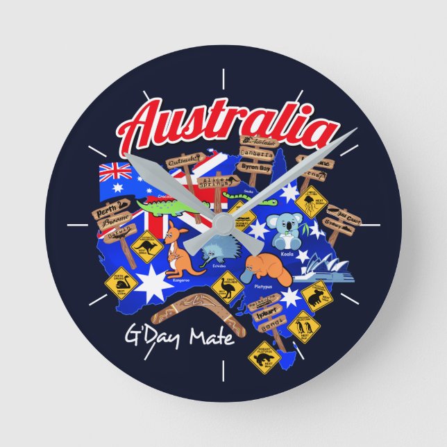 Horloge Ronde Animaux australiens et emplacements (Recto)