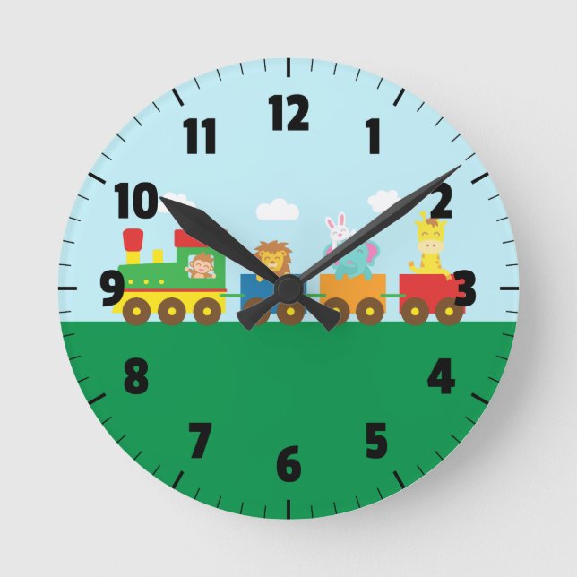 Horloge Ronde Animaux Colorés et Mignons Train pour Chambre d'En (Recto)