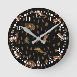 Horloge Ronde Animaux de forêt automnale Feuilles d'automne