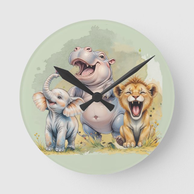 Horloge Ronde Animaux de Safari Lion Hippopotame Éléphant (Recto)