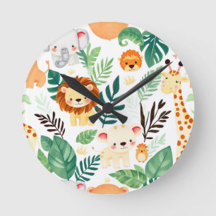 Horloge Ronde Animaux mignons de safari motif jungle