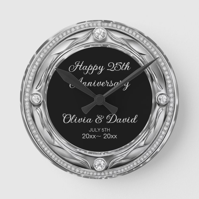 Horloge Ronde Anniversaire Mariage de diamants d'argent de luxe (Recto)