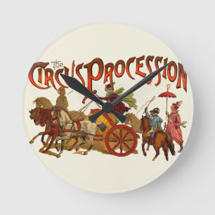 Horloge Ronde Antique Cirque Parade Clowns Chevaux