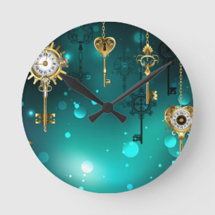 Horloge Ronde Antiques clés squelette sur fond vert