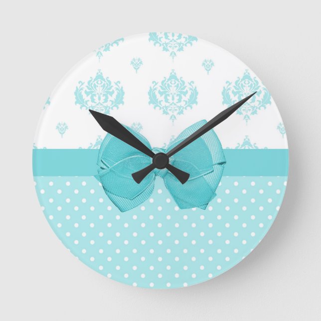 Horloge Ronde Aqua Bleu Damas Avec Ruban Turquoise (Recto)