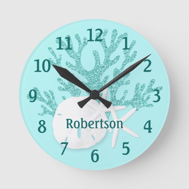 Horloge Ronde Aqua Blue Parties scintillant Sand Dollar Starfish (Recto)