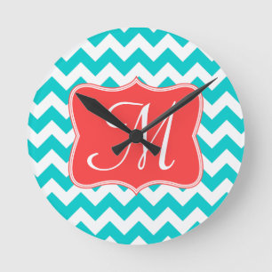 Horloge Ronde Aqua Chevron Monogramme Aqua Moderne Monogramme Pr