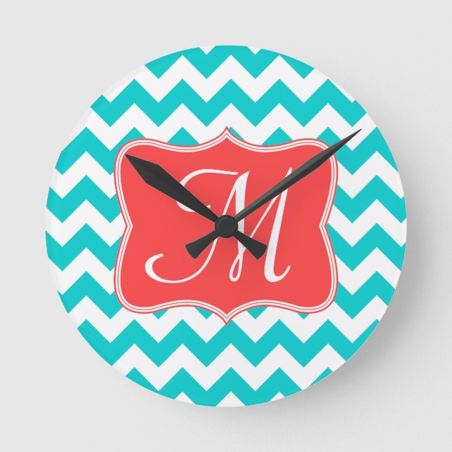 Horloge Ronde Aqua Chevron Monogramme Aqua Moderne Monogramme Pr (Recto)