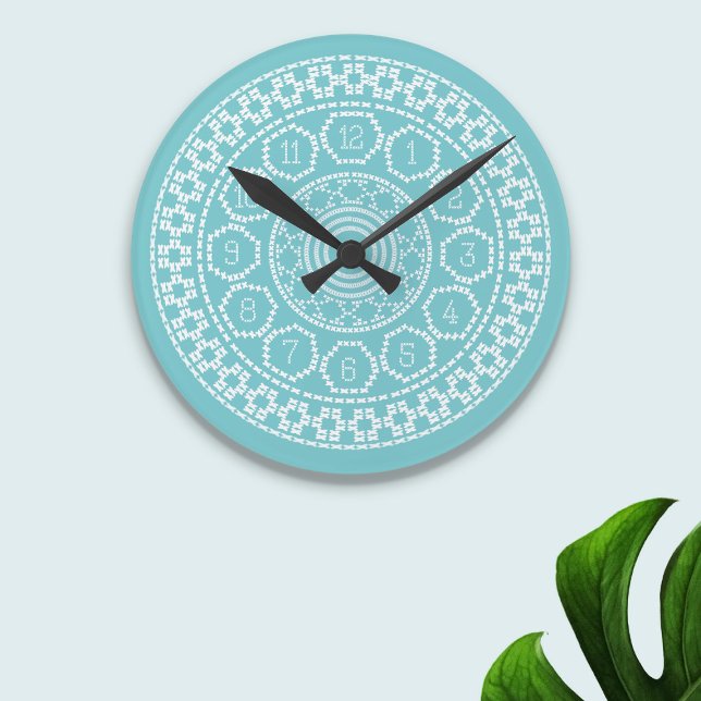 Horloge Ronde Aqua Cross Stitch Wall Clock (Inspired by nordic cross stitches. A fun clock to put on your wall)