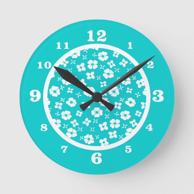 Horloge Ronde Aqua & Fleurs blanches (Recto)