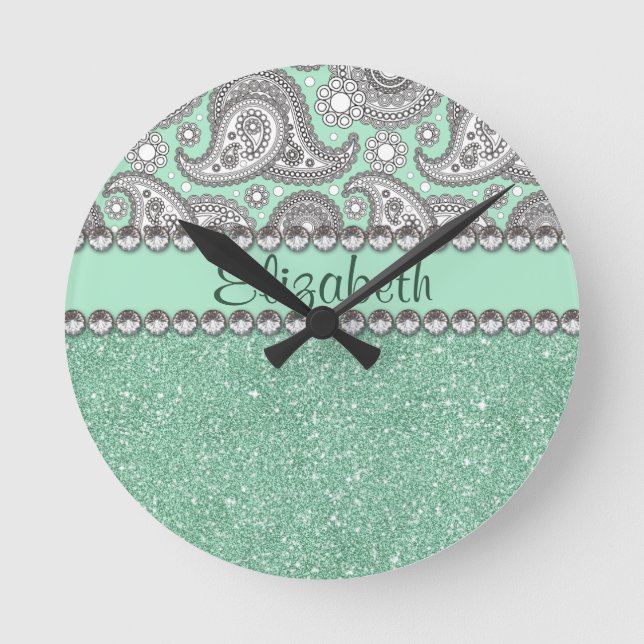 Horloge Ronde Aqua Parties scintillant Paisley Rhinestone Imprim (Recto)