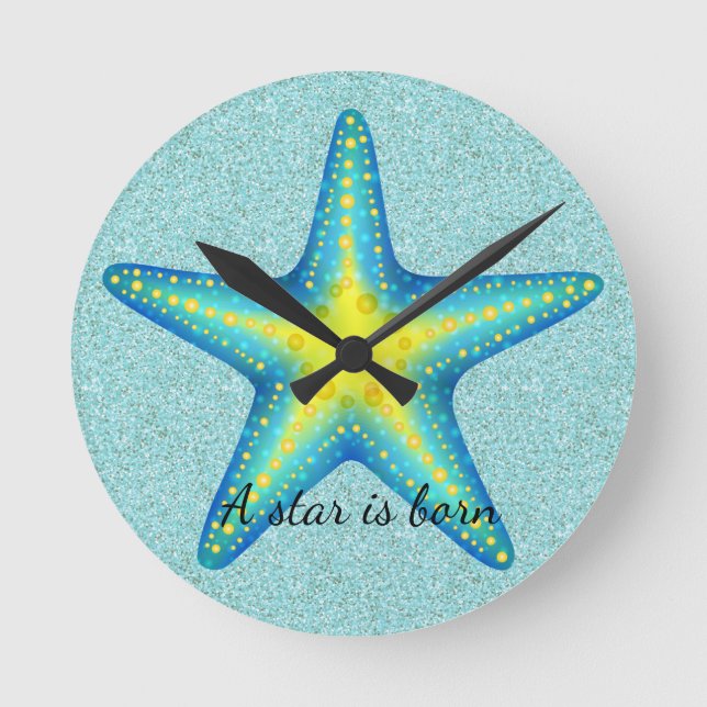 Horloge Ronde Aqua Turquoise et Yellow Starfish Wall Clock (Recto)