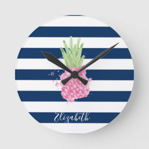 Horloge Ronde Aquarelle Ananas Tropical ,Rayures Bleu Nuit 