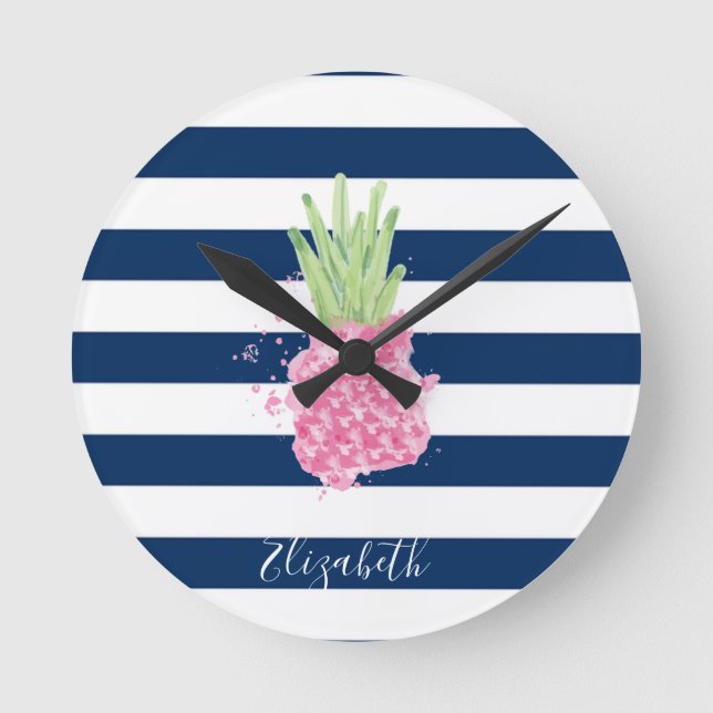 Horloge Ronde Aquarelle Ananas Tropical ,Rayures Bleu Nuit  (Recto)