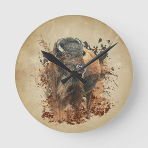 Horloge Ronde Aquarelle Bison Buffle Animaux Nature