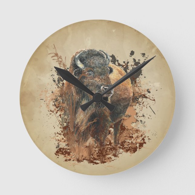Horloge Ronde Aquarelle Bison Buffle Animaux Nature (Recto)
