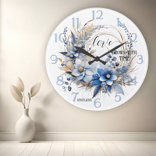 Horloge Ronde Aquarelle bleu bleu roux Aimer (Wall clock showing a watercolor illustration of flowers in dusty blue and tan - wedding gift - love)