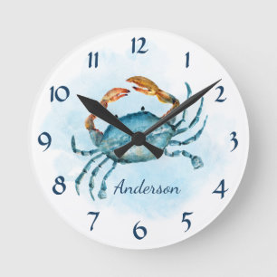 Horloge Ronde Aquarelle Blue Crab Beach Côte Personnalisée