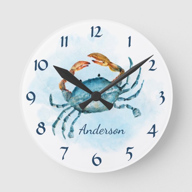 Horloge Ronde Aquarelle Blue Crab Beach Côte Personnalisée (Recto)