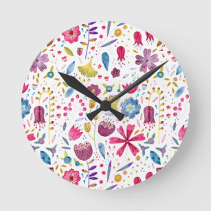 Horloge Ronde Aquarelle Botanique Fleur sauvage Peinture de haie