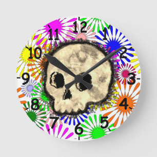 Horloge Ronde Aquarelle colorée du crâne de flamme florale