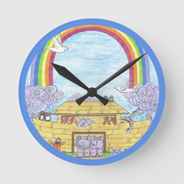 Horloge Ronde Aquarelle d'Arche de Noé Eléphant animal arc-en-ci (Recto)