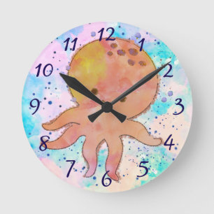 Horloge Ronde Aquarelle de caricature de poulpe mignonne