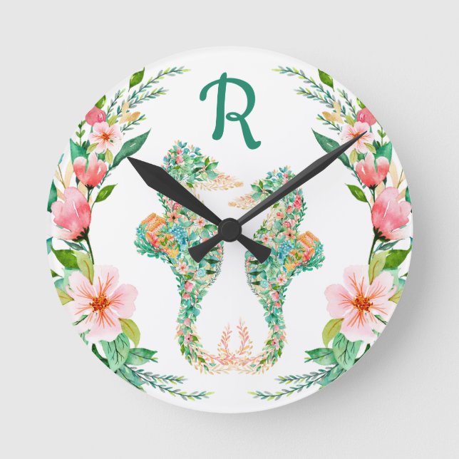 Horloge Ronde Aquarelle de cheval de mer tropical Monogramme (Recto)