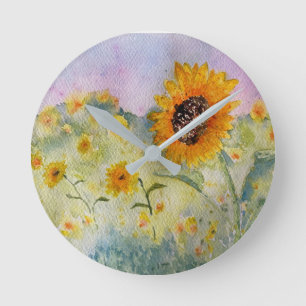 Horloge Ronde Aquarelle des fleurs de soleil