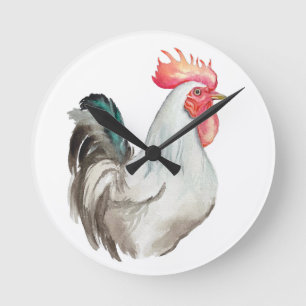 Horloge Ronde Aquarelle dessinée à la main d'un coq