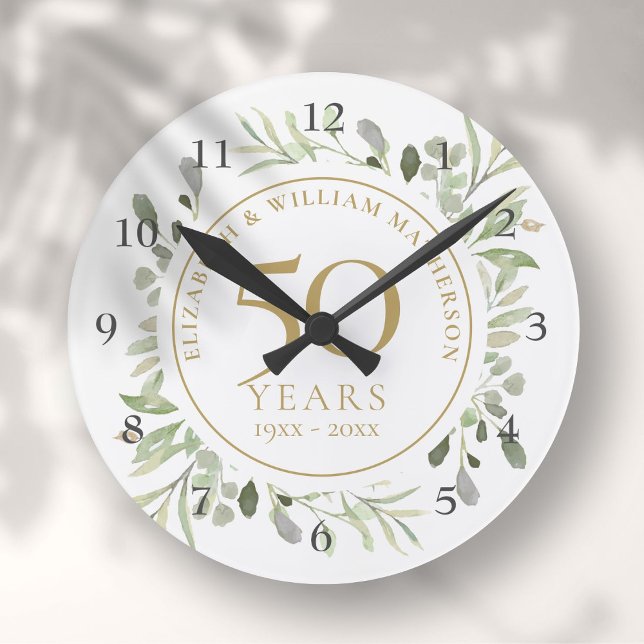 Horloge Ronde Aquarelle douce Feuilles 50e anniversaire (Soft Watercolour Leaves 50th Anniversary Round Clock)