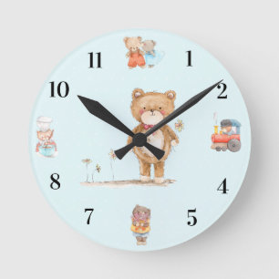 Horloge Ronde Aquarelle douce Ours Floral Bleu Baby Nursery
