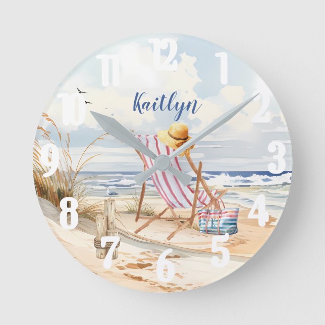 Horloge Ronde Aquarelle élégant Beach Ocean Monogramme (Recto)