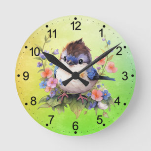 Horloge Ronde Aquarelle Fairy Bird Flowers Clipart-73610