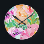 Horloge Ronde Aquarelle fleurie de printemps brillante moderne<br><div class="desc">Customisez avec n'importe quel texte.</div>