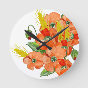 Horloge Ronde Aquarelle fleurs de coquelicot mignonnes