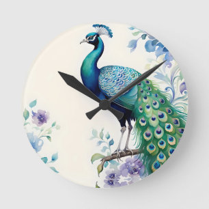 Horloge Ronde Aquarelle florale Peacock