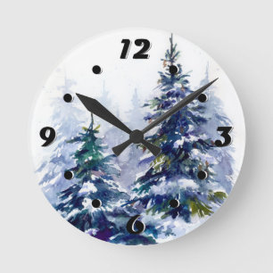 Horloge Ronde Aquarelle forêt d'hiver sapin moderne